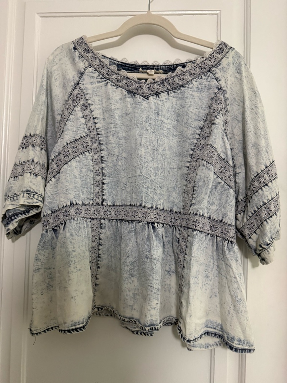Light Wash Blue Embroidered Peplum Tunic